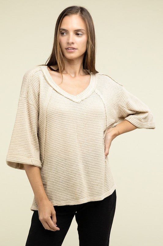 Brushed Waffle Exposed-Seam 3/4 Sleeve Top