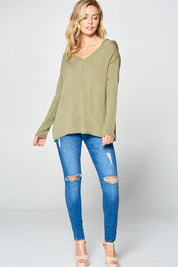 Women's Casual Loose Fit V Neck Cold Shoulder Sweater