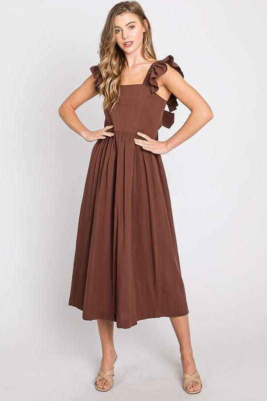 Women's Ruffle Sleeve Midi Dress with Cut Out Back