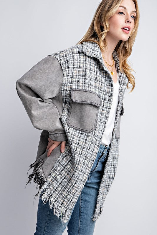 Women's Oversized Tweed Denim Shacket with Fringed Hem