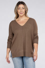 Women's Plus Oversized V-Neck Garment Dyed Sweater