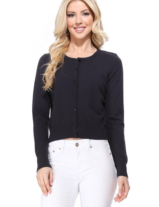 Gem Button Crew Neck Long Sleeve Sweater Cardigan