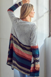 Women's Open Front Brushed Stripe Cardigan with Pockets