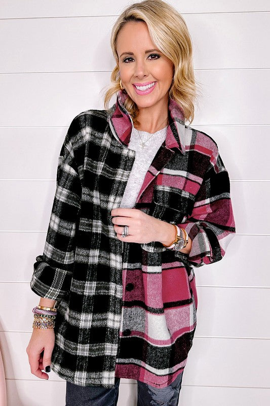 Women's Colorblock Plaid Loose Fit Shacket