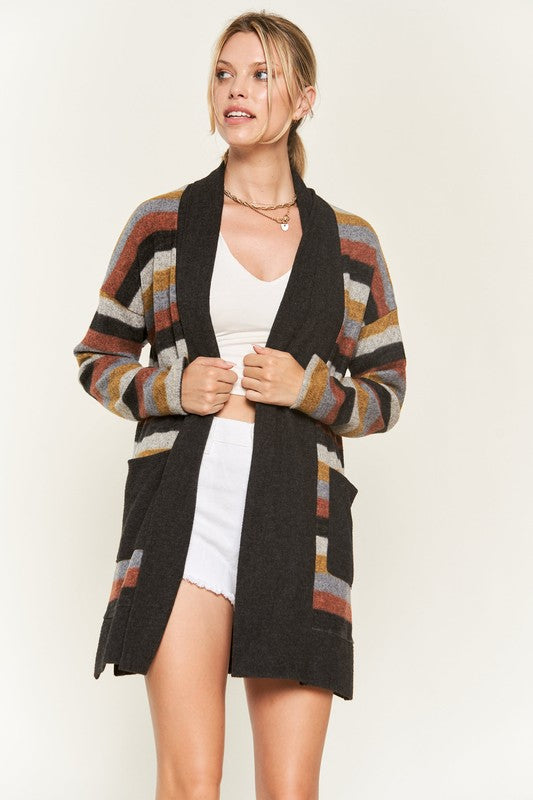 Women's Multi Color Striped Open Cardigan