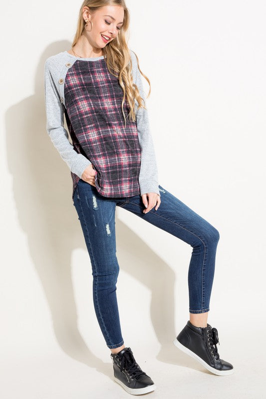 Women's Casual Plaid Mixed Button Detail Long Sleeve Top