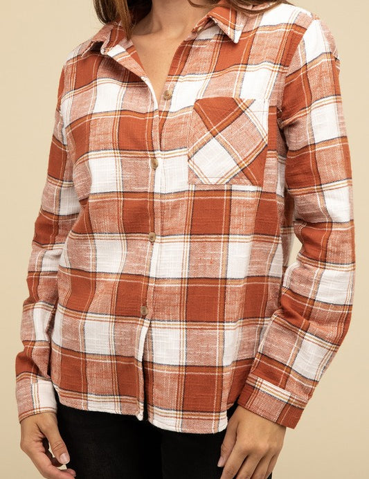 Cotton Plaid Shacket With Front Pocket