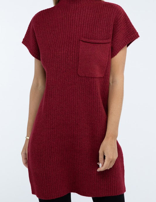 Mock Neck Short Sleeve Sweater Dress with Pocket