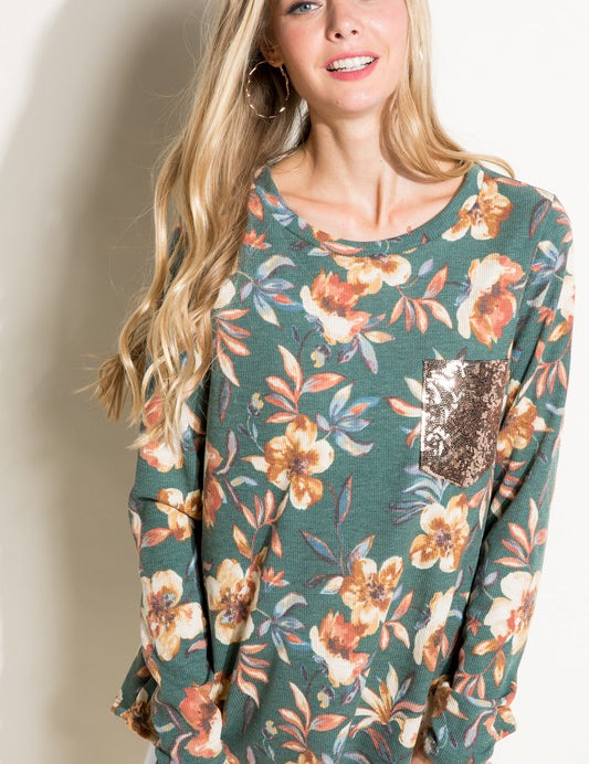 Women's Casual Floral Sequence Pocket Top