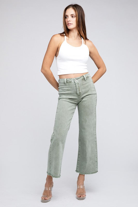 Women's Acid Wash Frayed Hem Wide Leg Pants