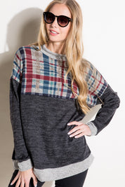 Women's Casual Loose Fit Mock Neck Plaid Top