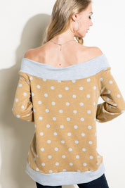 Plus Size Off Shoulder Polka Dot Long Sleeve Top