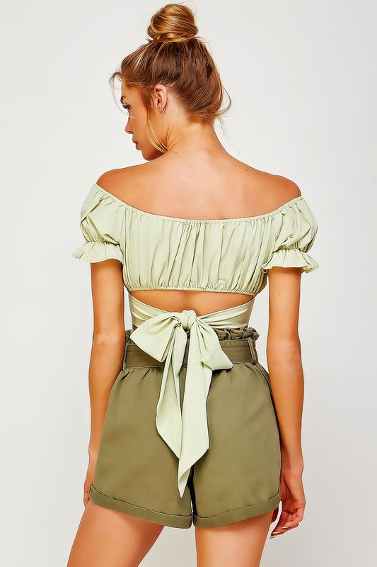 Women's Pleated Off Shoulder Crop Top with Back Ribbon Tie