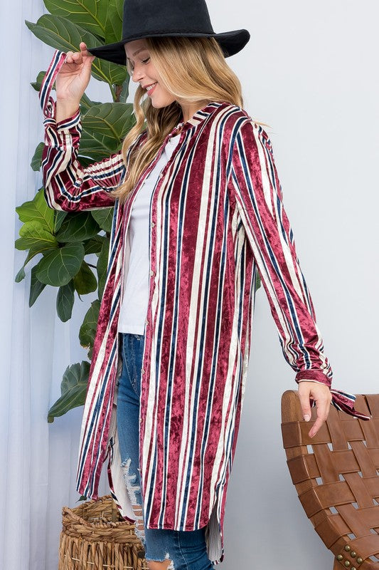 Women's Casual Stripe Velvet Long Cardigan