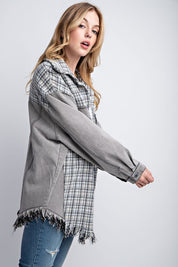 Women's Oversized Tweed Denim Shacket with Fringed Hem