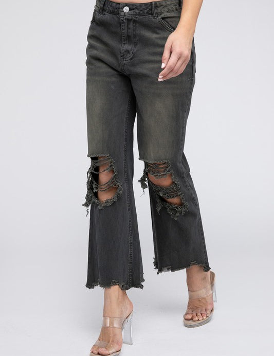 Distressed Vintage Washed Wide Leg Pants