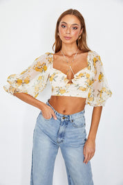 Women's Chic Floral Chiffon Balloon Sleeved Bustier Crop Top