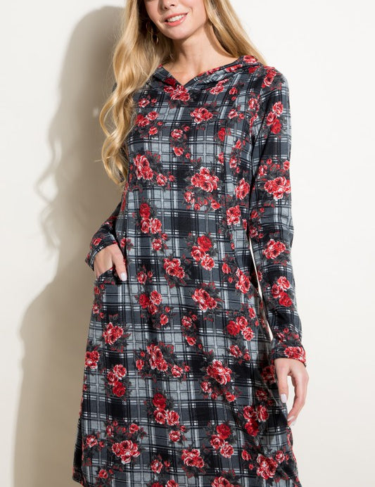 Women's Relaxed Fit Floral and Plaid Print Mini Dress