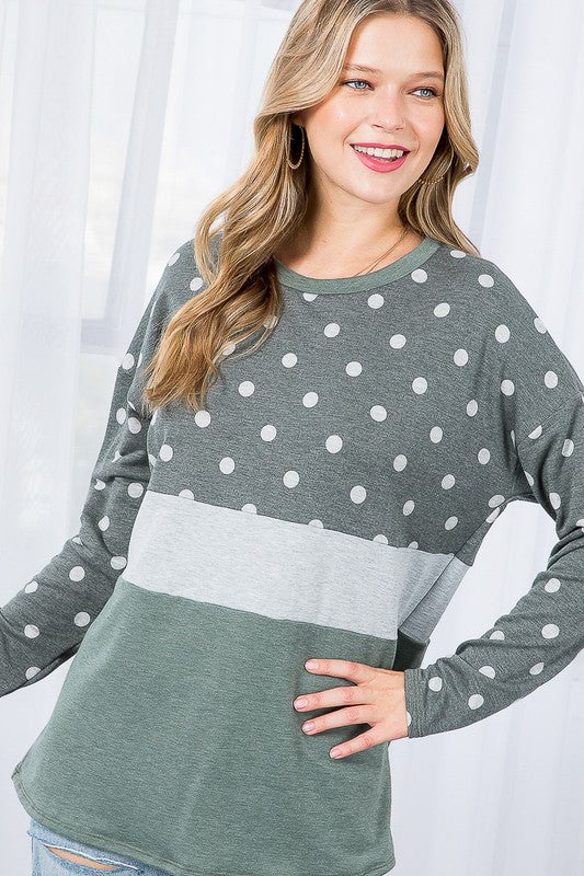 Women's Loose Fit Polka Dot Colorblock Casual Top