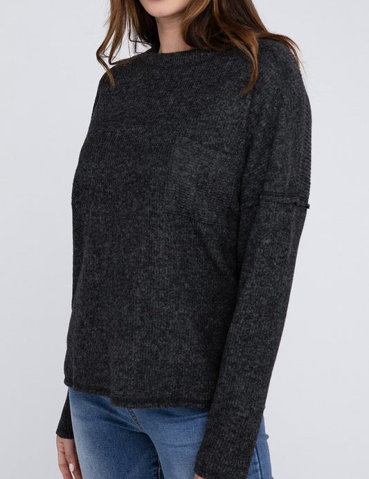 Ribbed Brushed Melange Hacci Sweater with a Pocket