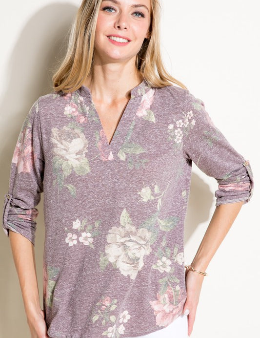 Women's Floral Split Neck Roll Sleeve Top