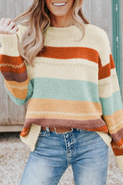 Women's Color Block Striped Sweater with Drop-Shoulder Design