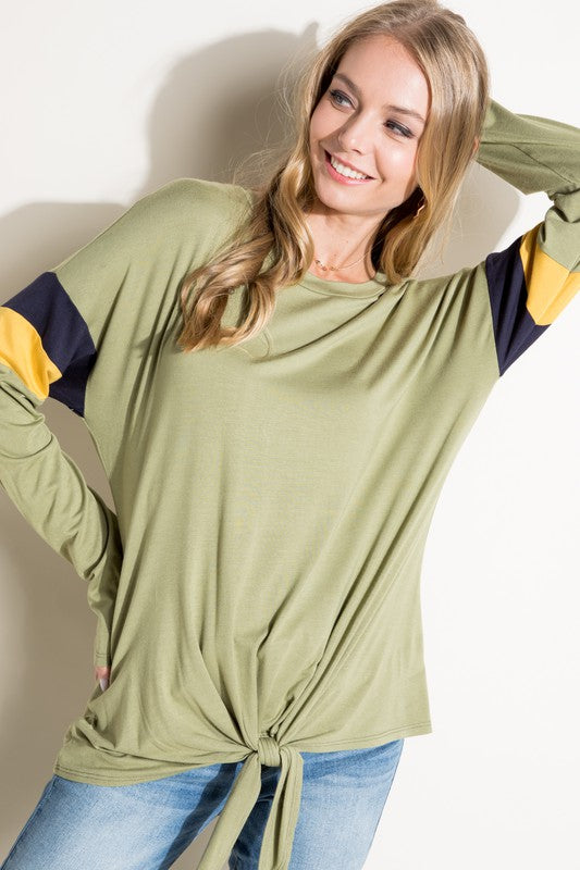 Women's Casual Color Block Front Tie Long Sleeve Top