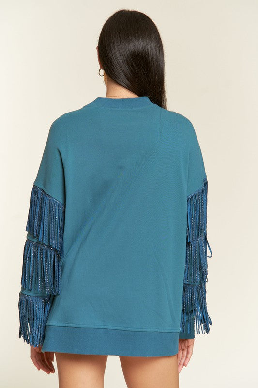 Women's Oversized Silver Studded Fringe Sleeve Top