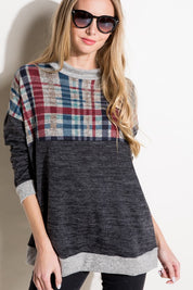 Plus Size Women's Casual Plaid Mock Neck Long Sleeve Top