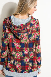 Women's Casual Plaid Floral Mix Hoodie Sweatshirt