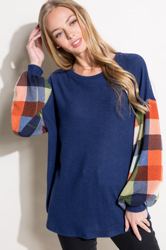 Plus Size Casual Multi Plaid Mixed Long Sleeve Top