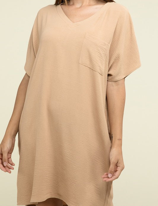 Women's Casual Relaxed V-Neck T-Shirt Dress with Pockets