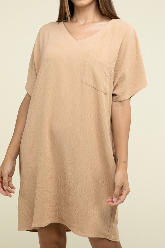 Women's Casual Relaxed V-Neck T-Shirt Dress with Pockets