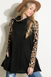 Women's Brushed Hacci Cheetah Print and Solid Mixed Turtle Neck Tunic Top