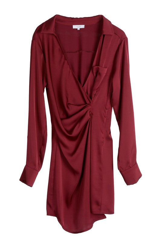 Women's Satin Collared Wrap Mini Dress in Wine and Sage