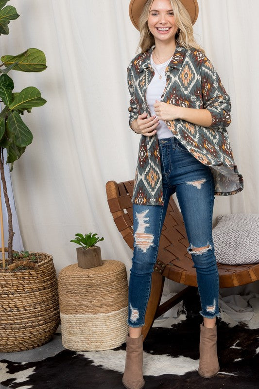 Women's Plus Oversized Fuzzy Aztec Button Down Shacket