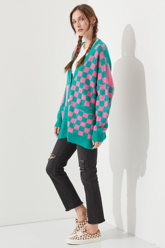 Women's Checkered Oversized Sweater with Button Closure