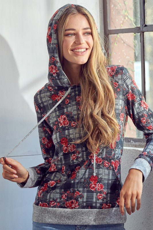 Women's Casual Plaid Floral Mix Hoodie Sweatshirt