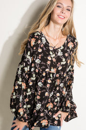 Women's Casual Floral V-Neck Loose Fit Baby Doll Top