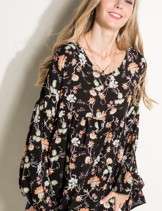 Women's Casual Floral V-Neck Loose Fit Baby Doll Top