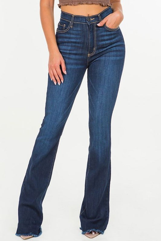 Women's High Rise Boot Cut Jeans with Frayed Hem