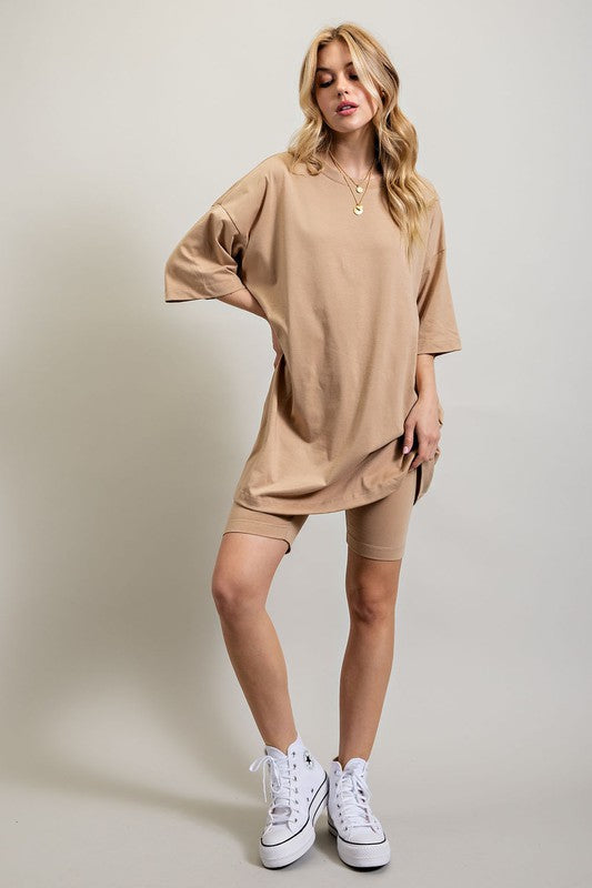 Women's Oversized Knit Tee and Biker Shorts Casual Set