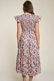 Women's Vintage Floral Flutter Smocking Midi Dress