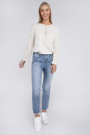 Women's Casual Ribbed Henley Sweater with Bell Sleeves