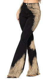 Women's High Rise Flare Jeans with Bleach Detail