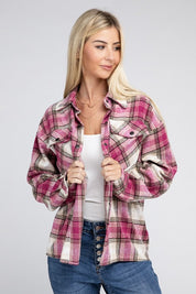 Women's Long Sleeve Checked Shacket with Front Pockets