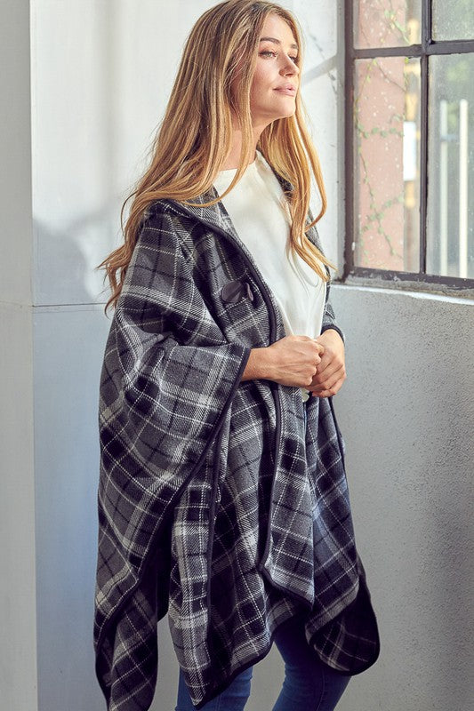 Women's Casual Plaid Toggle Cloak Poncho