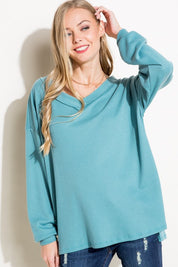 Women's Solid Waffle V Neck High Low Boxy Top