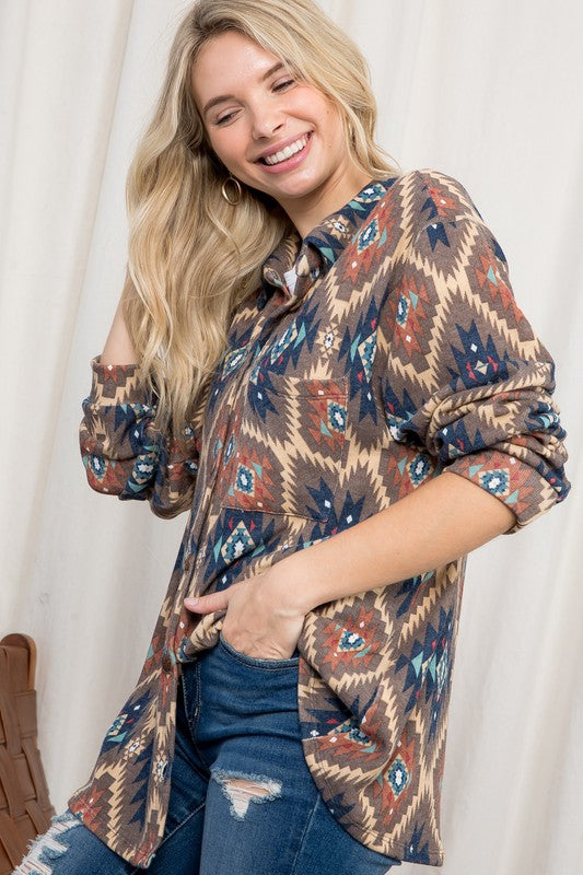 Women's Plus Oversized Fuzzy Aztec Button Down Shacket