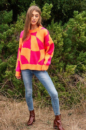 Women's Oversized Geo Checker Knit Sweater Top